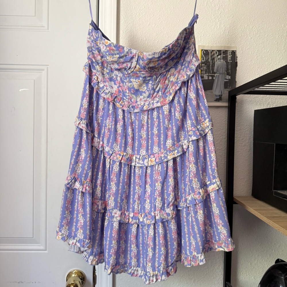 NWT CAROLINE CONSTAS purple floral corset bustier strapless tiered ruffle mini
